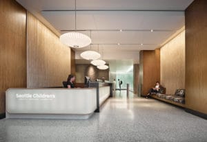 The lobby of the Seattle Children's Research Institute, whose interiors and lab spaces were designed by NBBJ. (Photo courtesy of NBBJ). 